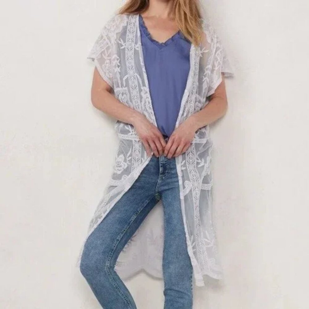 NWT LC Lilac Purple Sheer Floral Lace Kimono Cardigan Long Vest Duster One Size